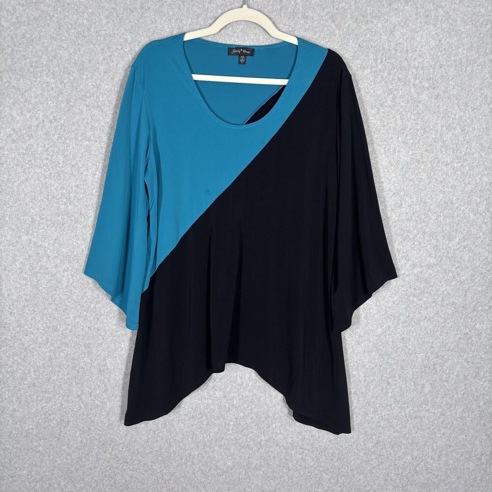 Slinky Brand Tunic Top Large Blue Black Handkerchief Hem Liquid Lagenlook‎ Artsy